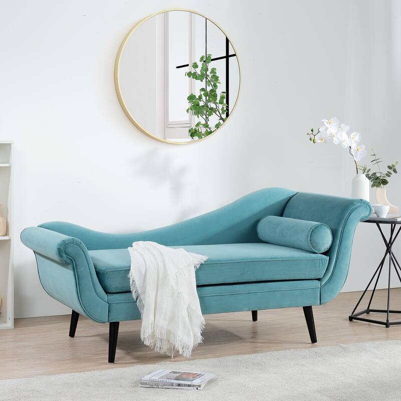 Chaise Lounge Indoor with Scroll Arms,Upholstered Chair Recliner Couch with Rolled Accent Pillow and Solid Wood Legs - Green