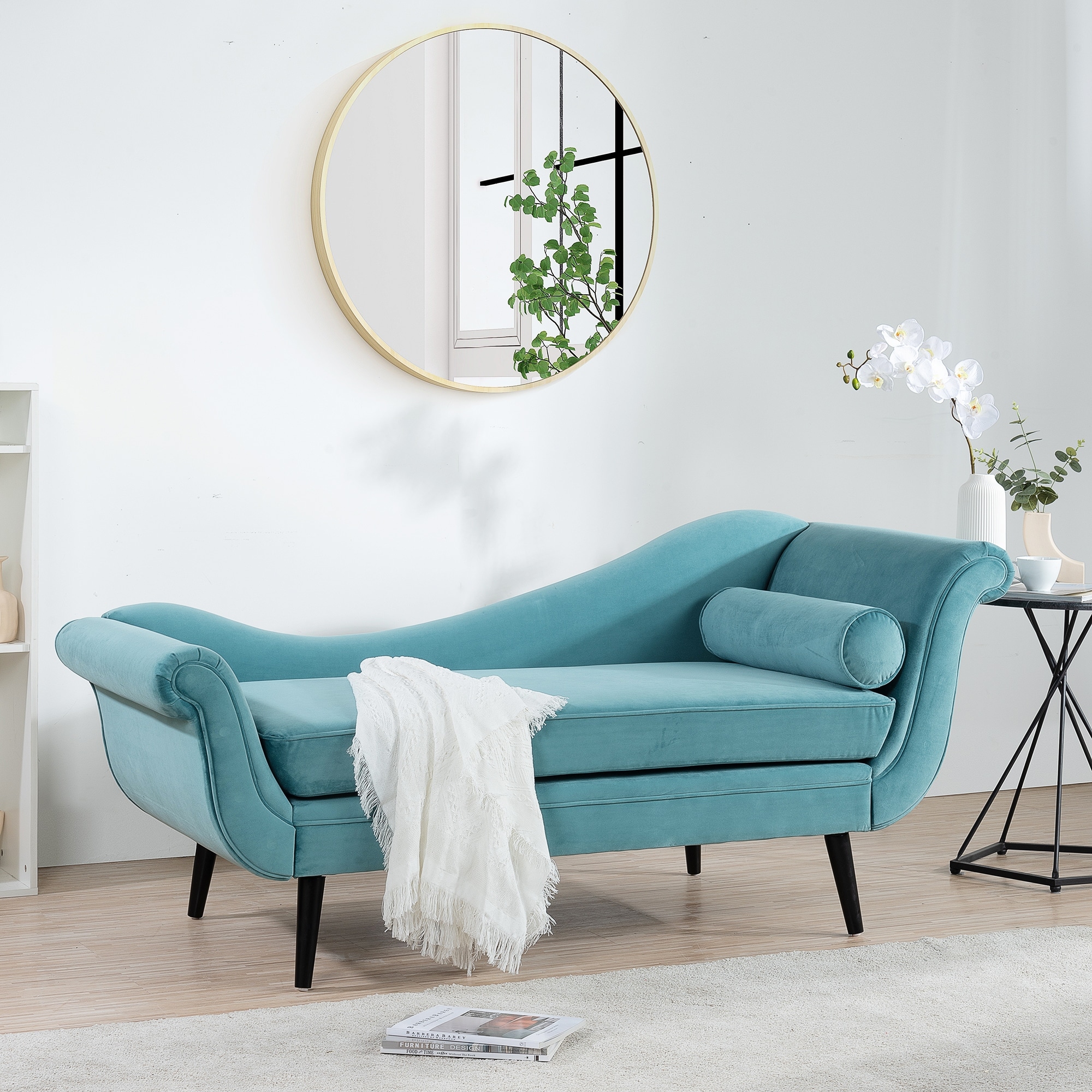 Chaise Lounge Indoor with Scroll Arms,Upholstered Chair Recliner Couch with Rolled Accent Pillow and Solid Wood Legs