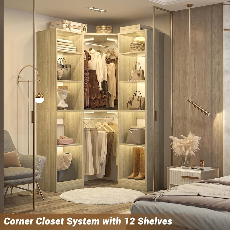 Kyrvo Corner Closet System with 12 Shelves and 2 Hanging Rods, 40"W x 80"H Freestanding Walk-in Closet Organizer System