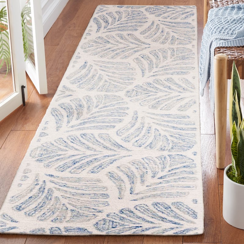 SAFAVIEH Handmade Jardin Sayde Botanical Wool Rug - 2'3" x 8' Runner - Ivory/Blue