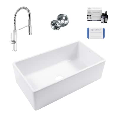 Austen Crisp White Fireclay 33" Farmhouse Apron Front Undermount Single Bowl Kitchen Sink with Bruton Chrome Faucet Kit