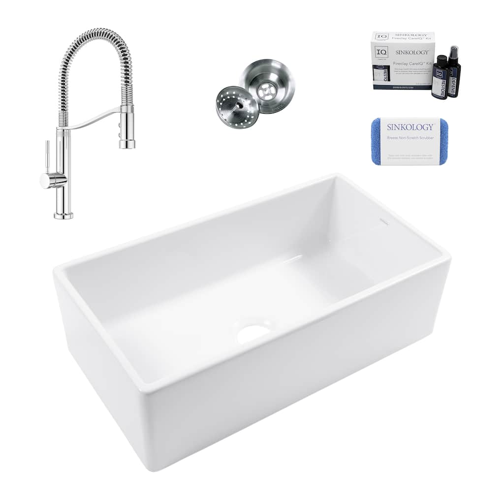 Austen Crisp White Fireclay 33" Farmhouse Apron Front Undermount Single Bowl Kitchen Sink with Bruton Chrome Faucet Kit