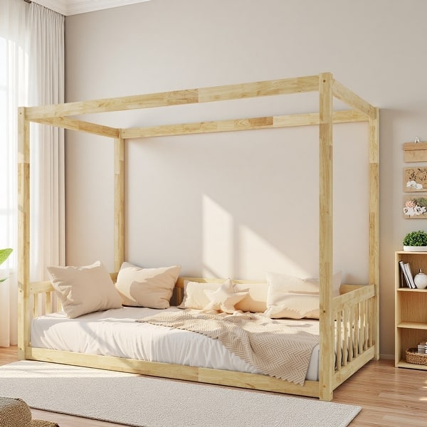 slide 2 of 10, Twin Rubber Wood Canopy Floor Bed with Fence Guardrails, Minimalist Design and Safe Play Space Natural