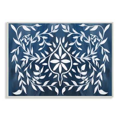 Stupell Industries Blue White Leaf Gilding Pattern Painting Wood Wall Art