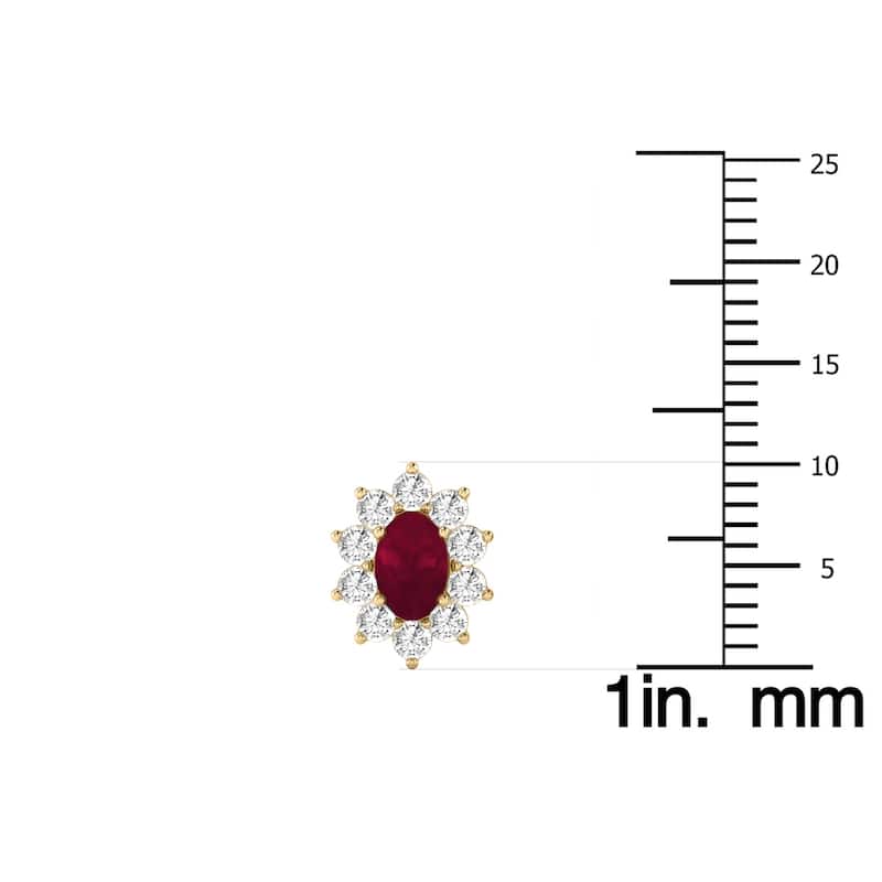 Marquee Oval Shape Ruby and Diamond Flower Earrings in 14K Yellow Gold
