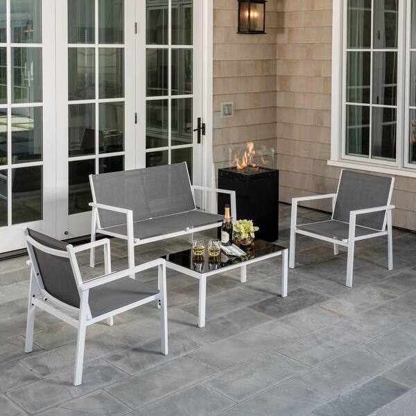 Hanover Naples 5 Piece Fire Pit Patio Set Featuring A 40 000 Btu Fire Pit Table With Burner Cover White Frame Gray Sling Overstock 29095184