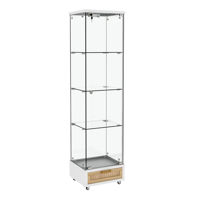 Glass Display Cabinet With Drawer,Cabinet With Led Lights,Tempered Glass Bookshelf, 1-Door Storage Case With 4 Shelves