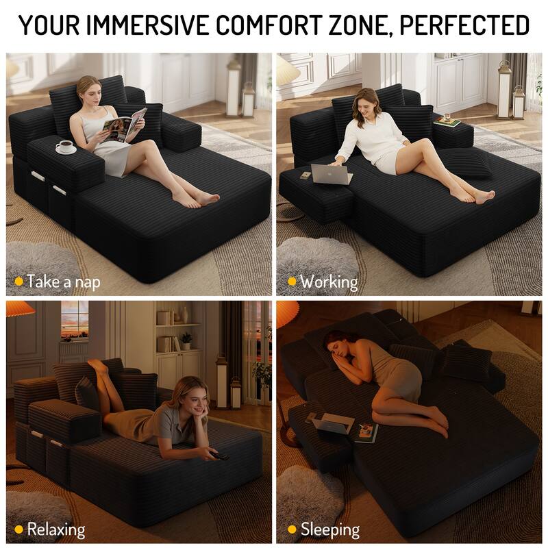 Luxurious Plush Corduroy Chaise Lounge Convertible Sofa Bed with Storage Pocket and Wide Armrests