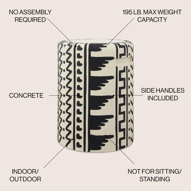 Zakhai 18" MidCentury Modern Geometric Drum Garden Stool, Cream/Black, by JONATHAN Y