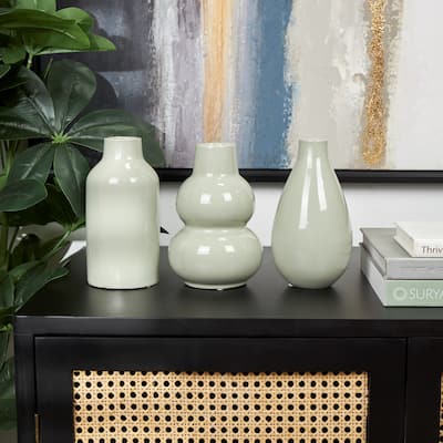 Green Ceramic Minimalistic Rounded Decorative Vase with Varying Shapes (Set of 3)