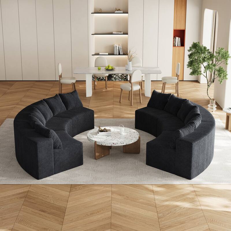 Oversized Curved Sectional Sofa Semi Circula Modular Couch Corduroy Upholstered Single Sofa Set of 6 - Free Collocation - Black