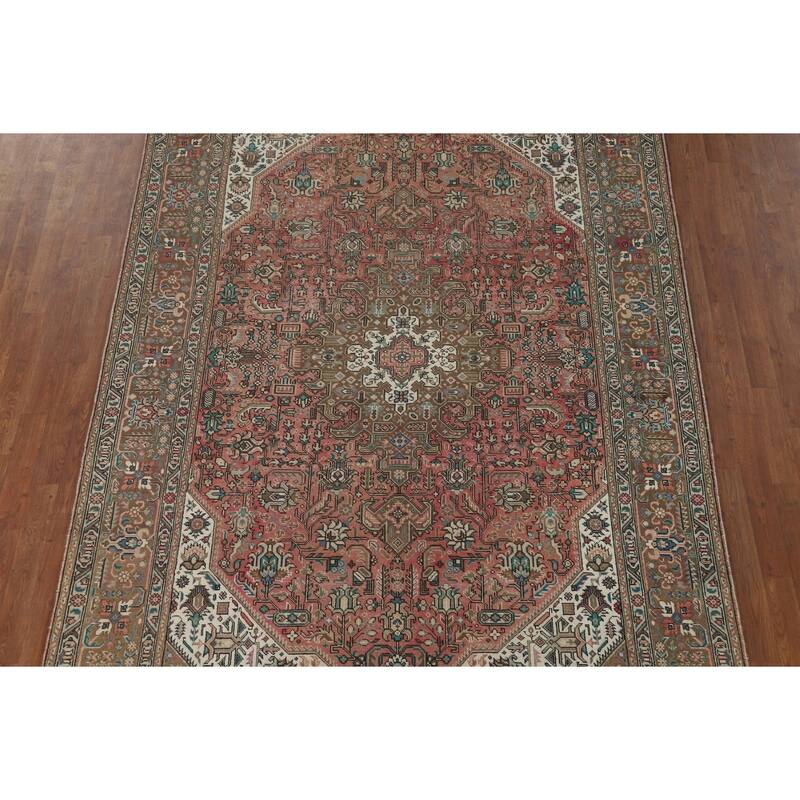 Pink Geometric Tabriz Vintage Persian Area Rug Handmade Wool Carpet - 6'5" x 9'9"