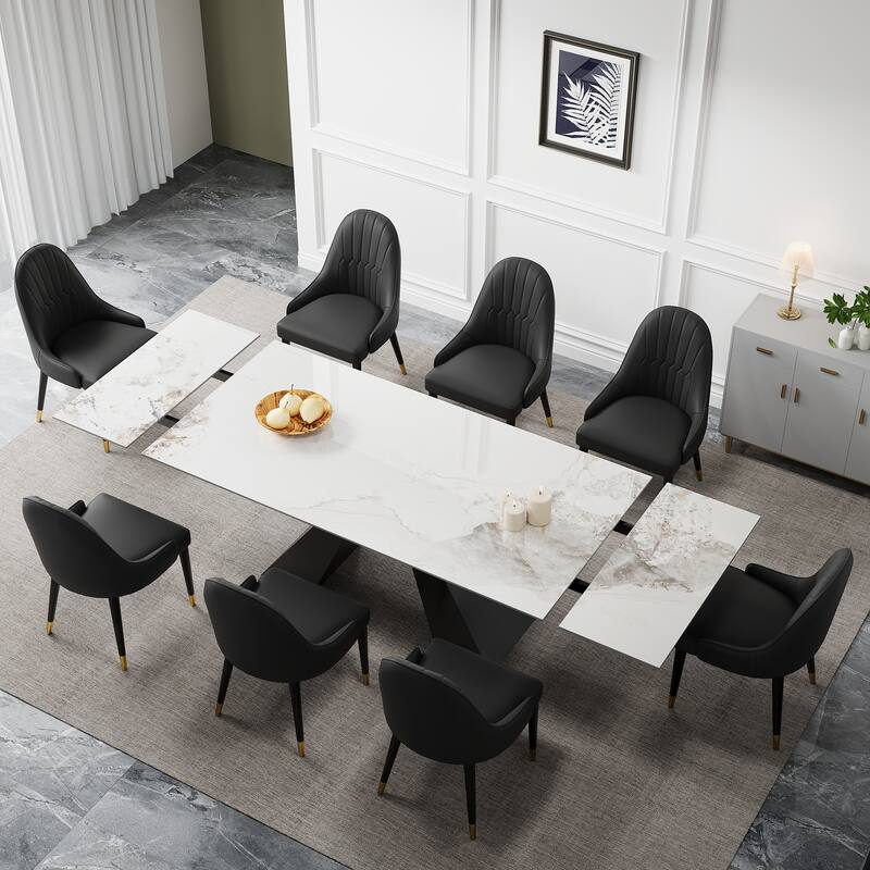 9 - Piece 110.24'' Extendable Sintered Stone Dining Table and 8 Leather Chairs Dining Set