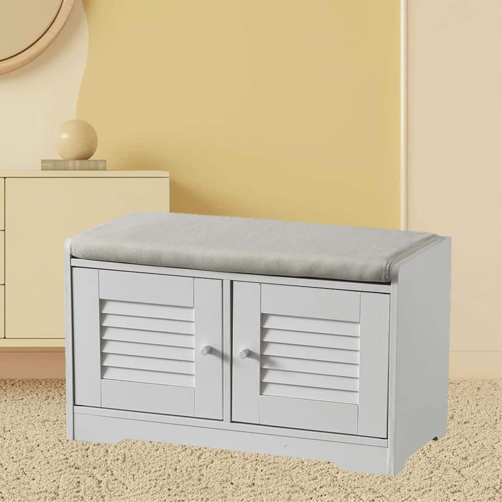 Entryway Shoe Bench Cabinet with Louvered Doors, Soft Cushion Seat and Adjustable Storage Shelves, for Hallway, Porch, Mudroom