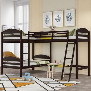 Modern Twin Size L Shaped Solid Pine Wood Bunk Bed with Full Length Guardrail and 2 Ladder