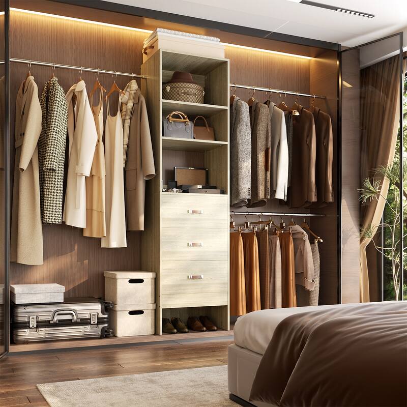 20.2'' - 96'' W Closet Organizer with Drawers, Closet System with Hanging Rods and Adjustable Shelves - Washed oak-no side shelves
