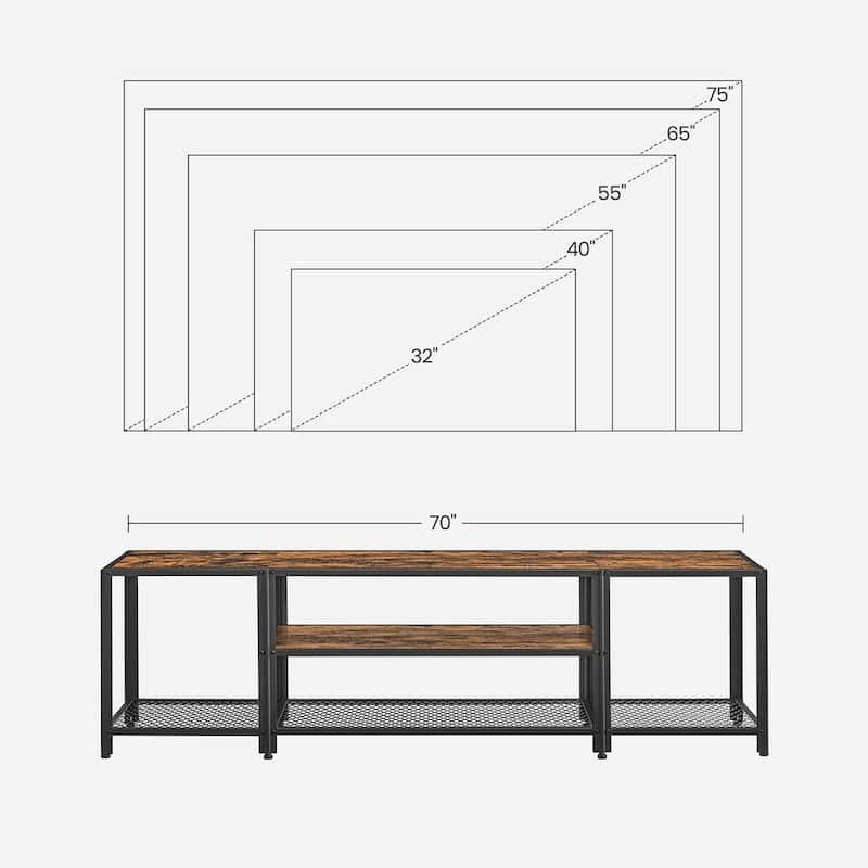 Rustic Brown and Black Industrial TV Stand for TVs up to 75 Inches with Steel Frame and Storage Shelves