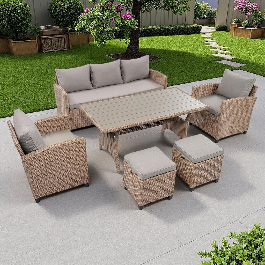 6-Piece Outdoor Patio Rattan Sofa Set with Dining Table, Chair, and Stools