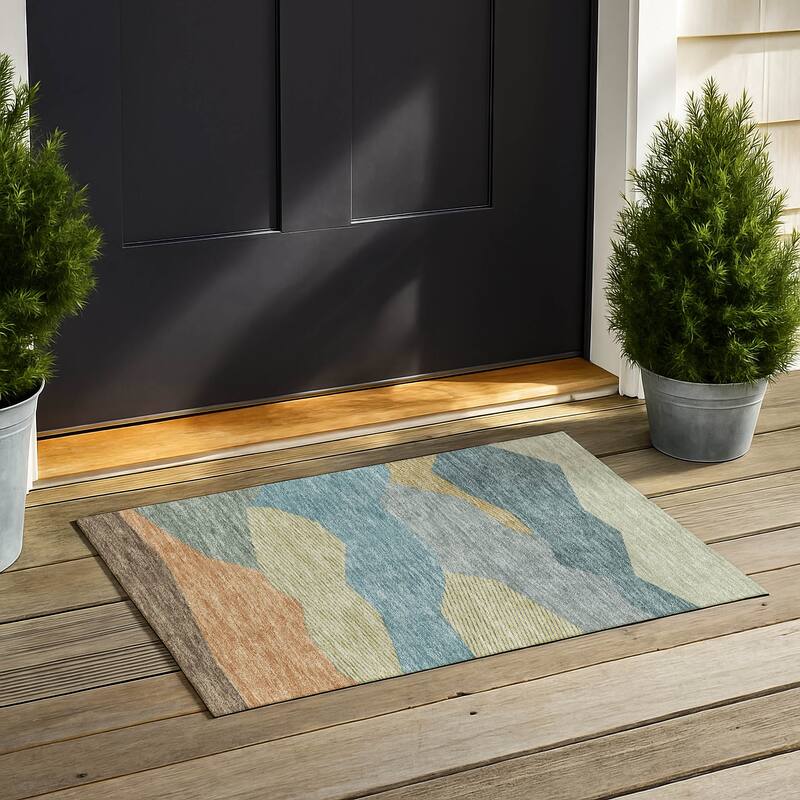 Machine Washable Indoor/ Outdoor Modern Dacono Chantille Rug - Teal - 1'8" x 2'6"