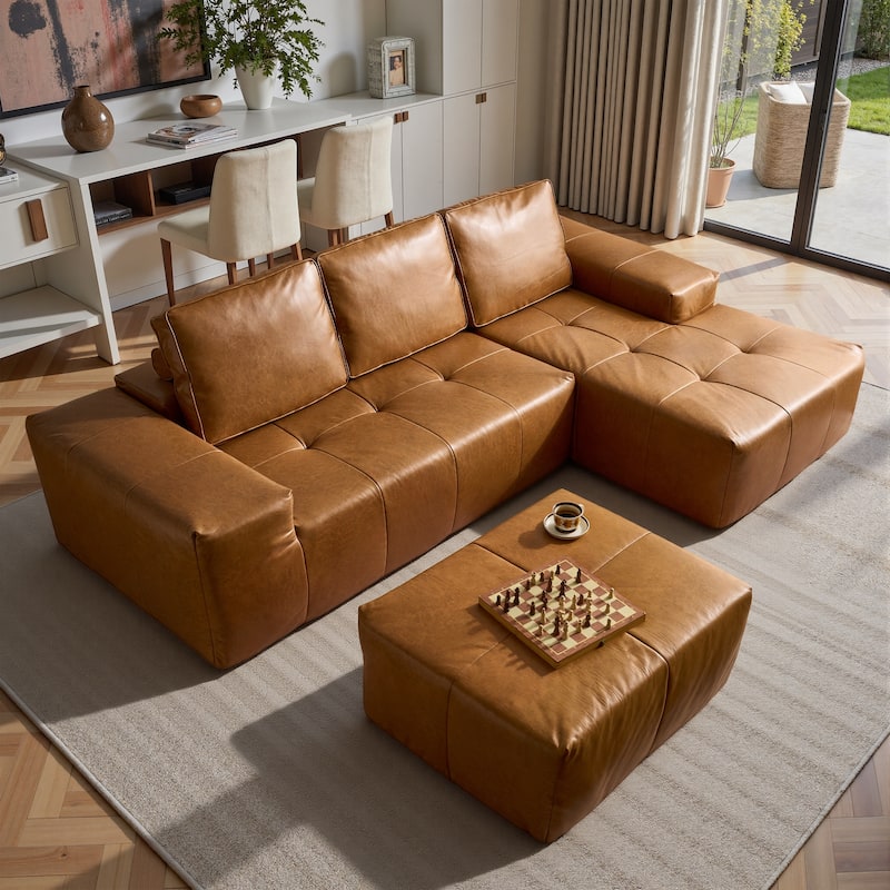 HOOOWOOO Mid-Century Modern Leather L-shaped Sectional Sofa Couch with Ottoman - Brown-RightChaise