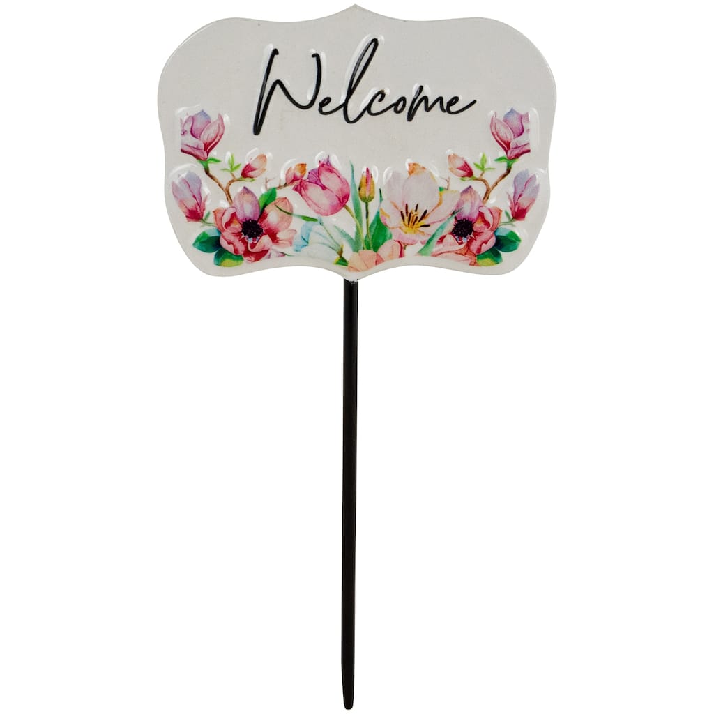 Floral Welcome Outdoor Yard Metal Garden Stake - 8" - White