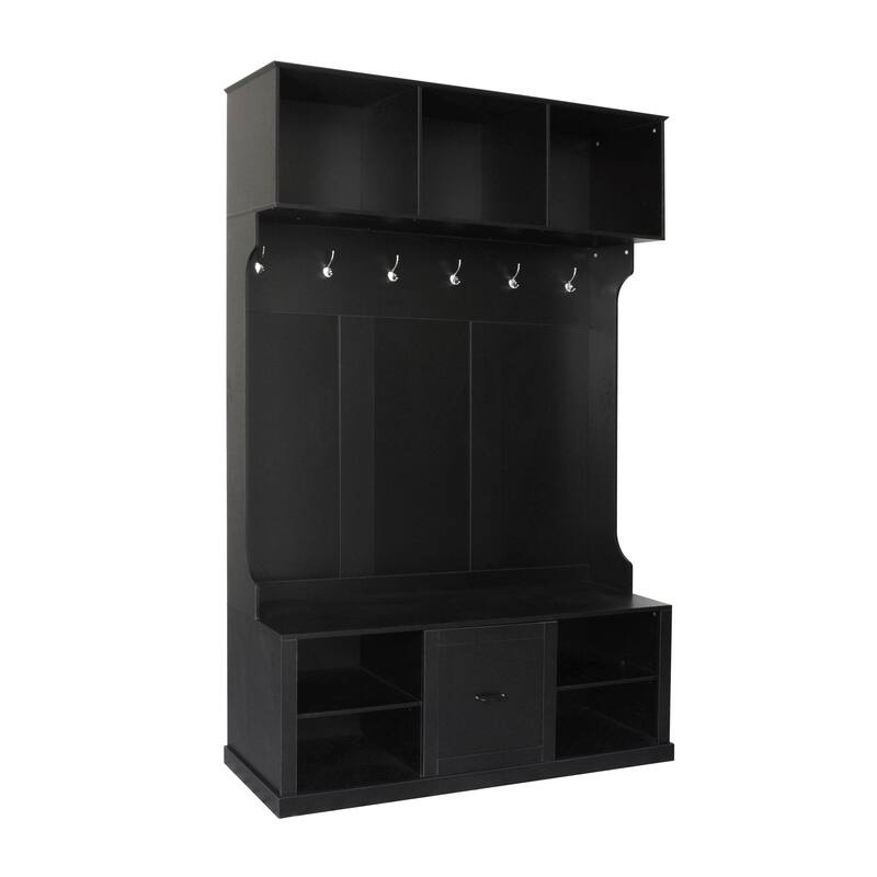 57" 3-in-1 Wood Coat Rack with 6 Hooks and Drawer