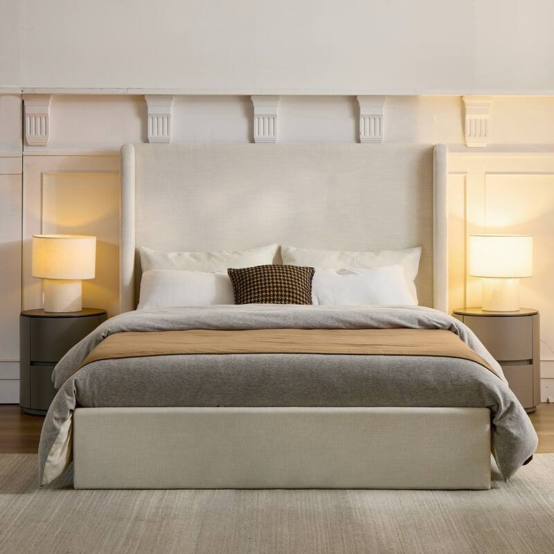 Upholstered Platform Bed Frame with Wingback Bed