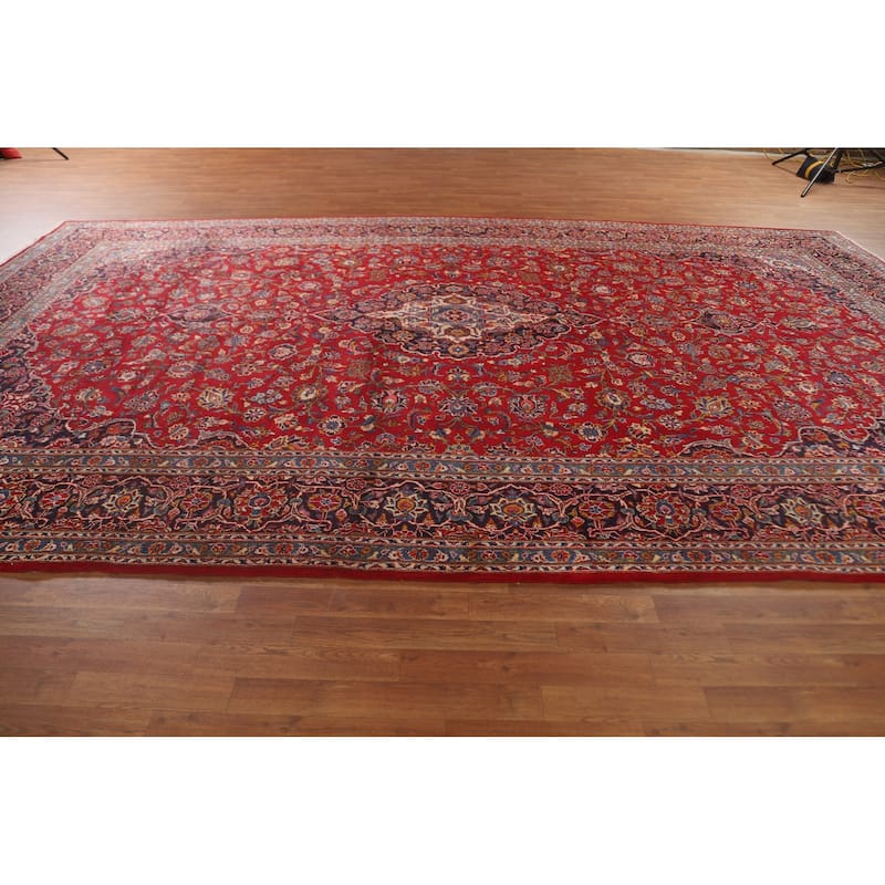 Large Traditional Red Kashan Persian Vintage Rug Handmade Wool Carpet - 9'7" x 15'9"