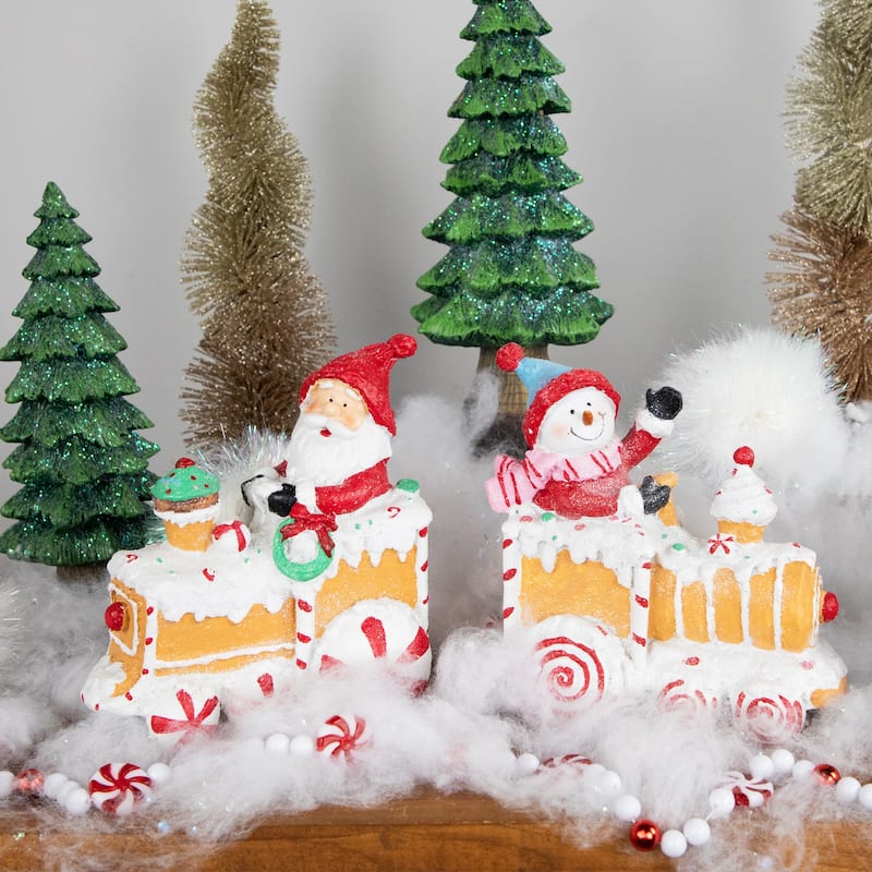 Santa and Snowman on Gingerbread Train Car Christmas Figurines - 6.75" - Set of 2