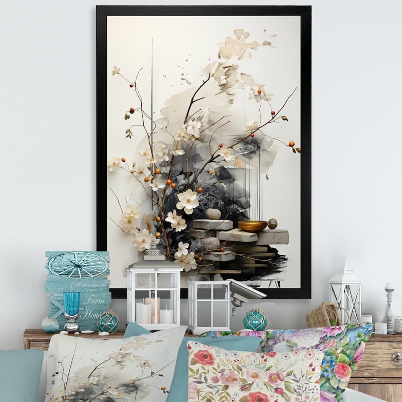 Designart "Asian Art Classics Sumi III" Asian Art Framed Wall Art Living Room - 16 in. wide x 32 in. high - Black