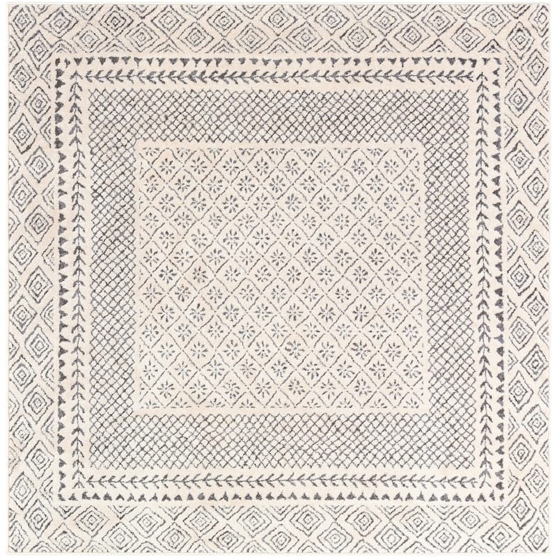 Livabliss Tiffany Grey Bohemian Border Area Rug - 5'3" Square - Medium Grey