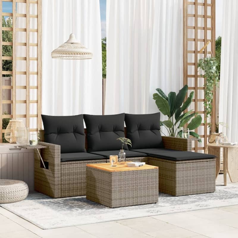 vidaXL Garden Sofa Set 5 Piece with Cushions Outdoor Sofa Set Poly Rattan - 21.7 x 21.7 x 14.6 in (W x L x H) - Grey