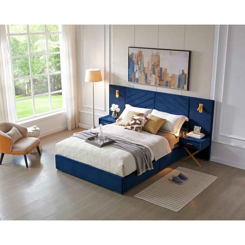 Queen Size Velvet Upholstered Bed Frame with Wingback Headboard, Wooden Slats, No Box Spring Needed - Blue