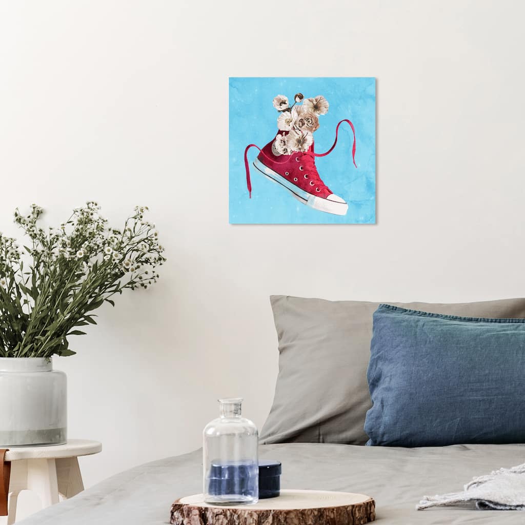 Wynwood Studio Fashion and Glam Sneaker Flower Vase Red and Crimson Modern & Contemporary Wall Art Canvas Print