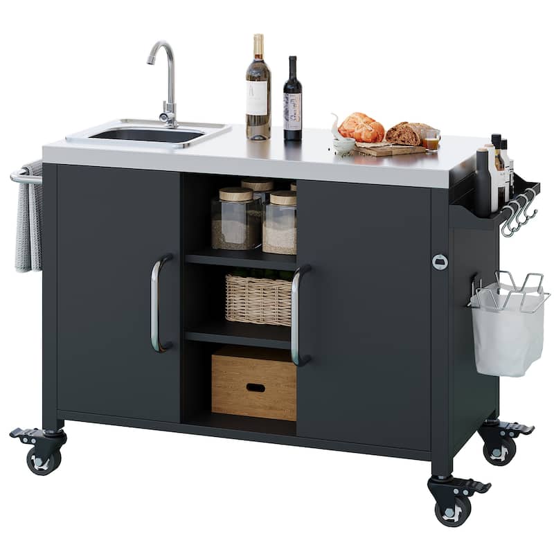 Metal Tabletop Kitchen Island with Stainless Steel Sink, Built-in Partition and Rolling Grill Cart, Pantry Storage Cabinet