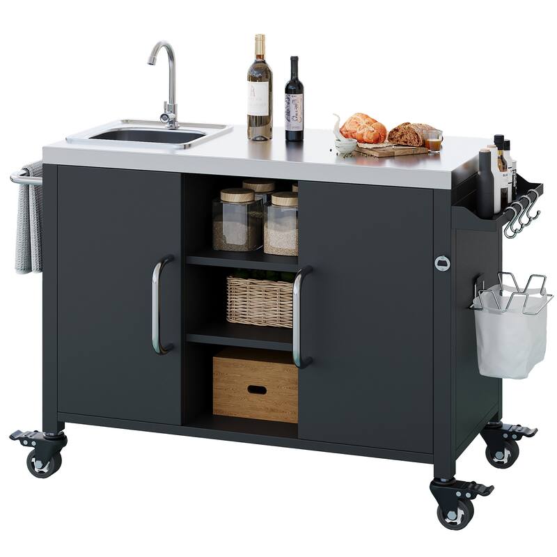 Roomfitters 55.5" Outdoor Kitchen Island with Stainless Steel Sink, Rolling Grill Prep Cart & Storage Cabinet, Black