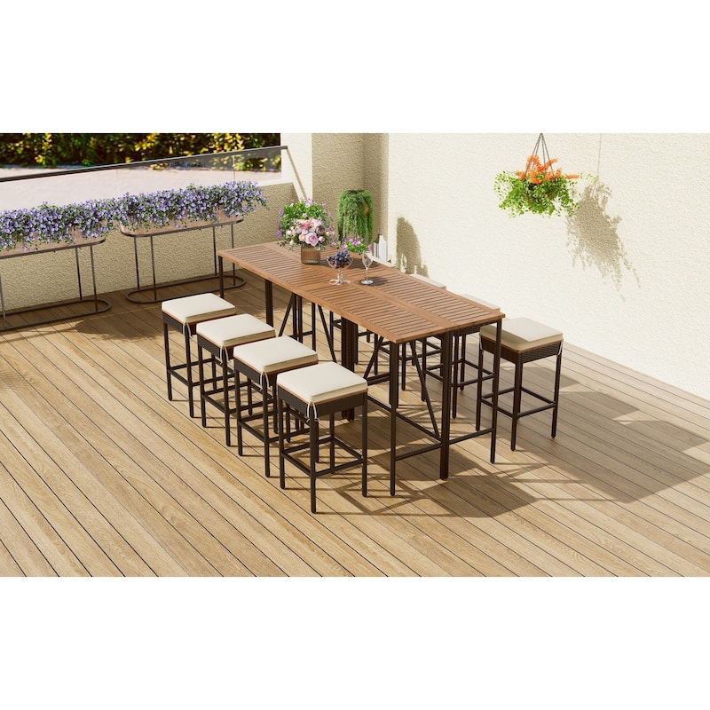 10-Piece Outdoor Table,8 Stools With Cushions,PE Rattan Wicker Dining Table,Foldable Tabletop,All-Weather Patio Furniture