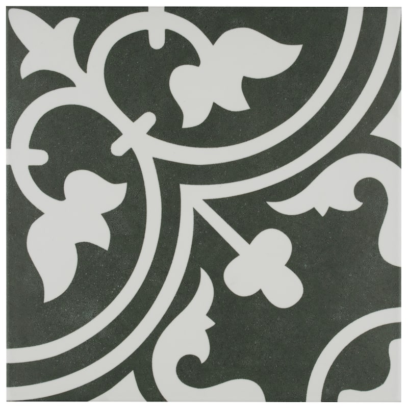 Merola Tile Arte Black Encaustic 9.75" x 9.75" Porcelain Floor and Wall Tile