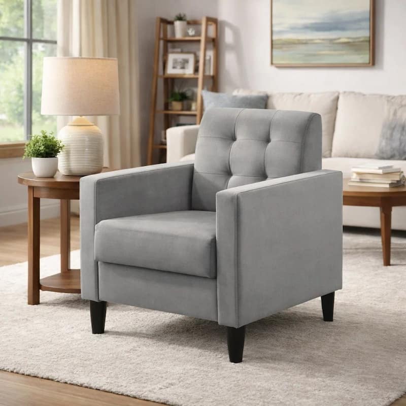 Oz 28 Inch Modern Accent Armchair with Foam Cushion, Tufted Gray Velvet