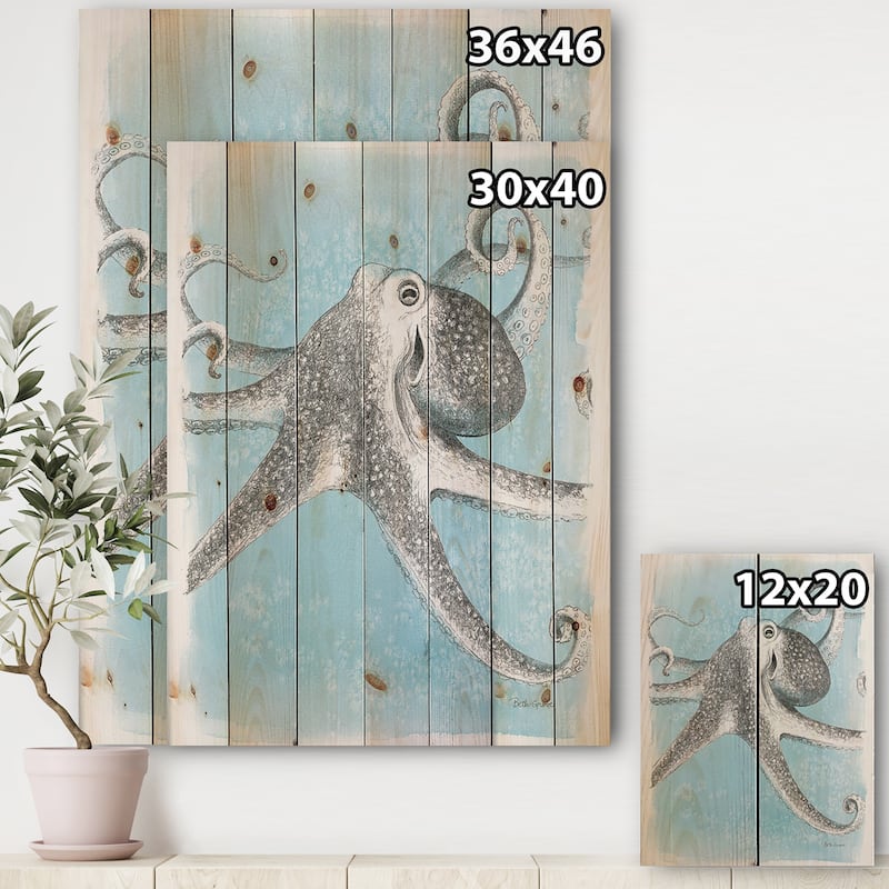 Designart 'Coastal Sea Life II octopus sketches' Nautical & Coastal Print on Natural Pine Wood - Grey
