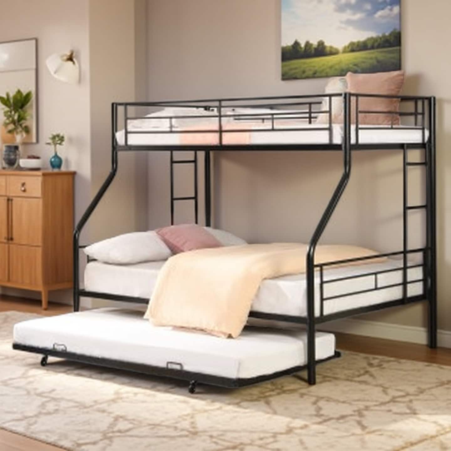 Twin over Full Metal Bunk Bed with Trundle, Space-Saving Platform Bed with Under-Bed Storage, Easy Assembly
