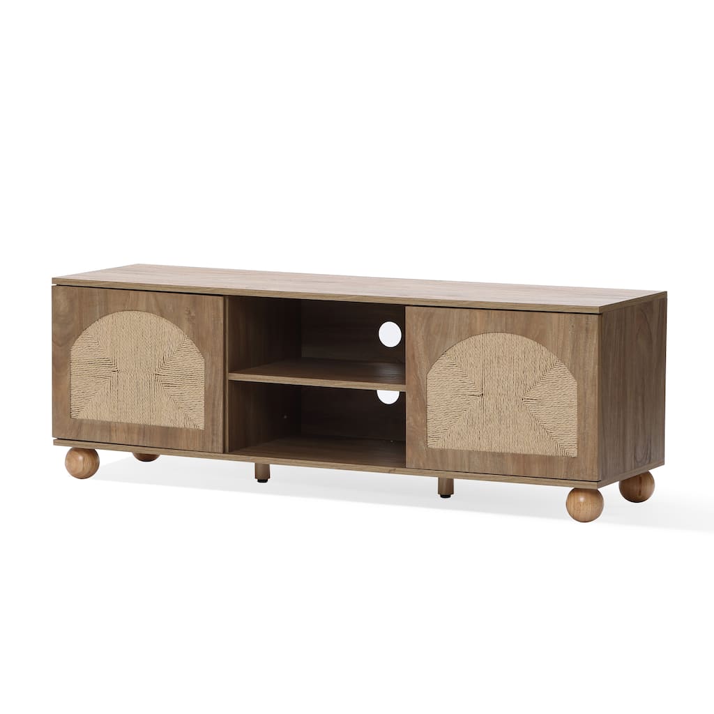 Natural Oak Finish Engineered Wood TV Console with Pine Round Ball Legs - 18.9" H x 55.12" W x 15.75" D