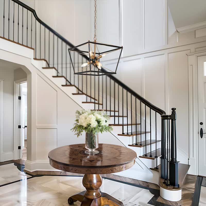 Modern Farmhouse 6-Light Black Gold Cage Chandeliers Sputnik Pendant Light for Dining Room - L15.5" x W15.5" x H15.5"