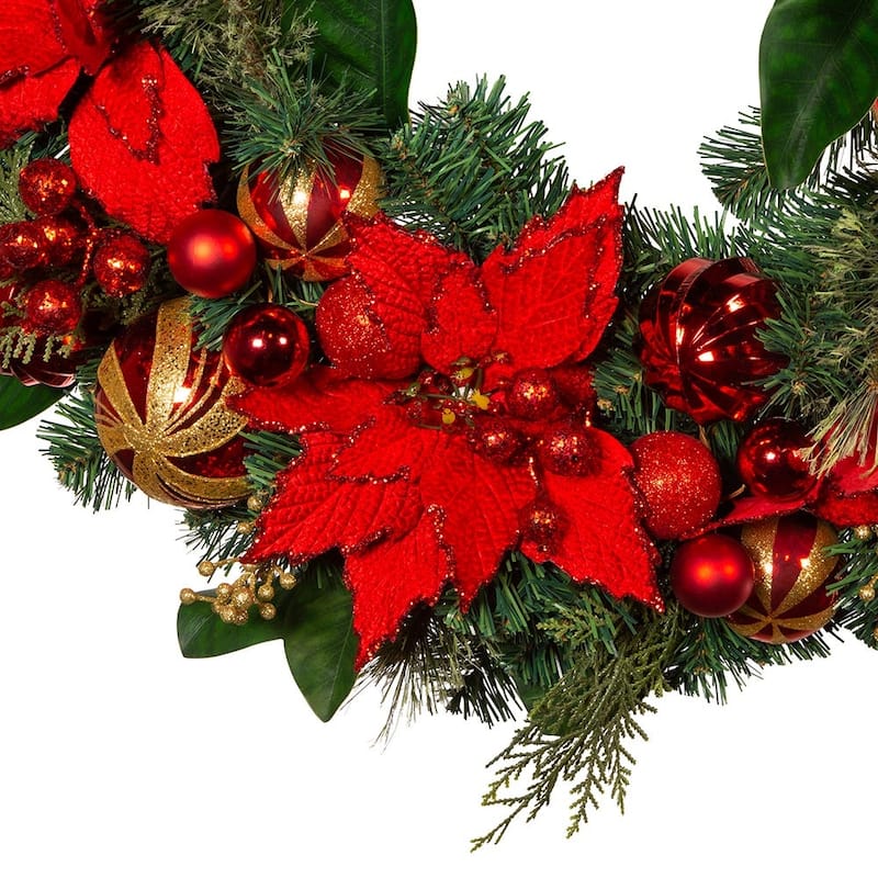 Kurt Adler 30-Inch Unlit Red & Gold Poinsettia Wreath - Green