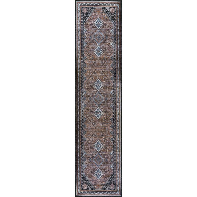 JONATHAN Y Didim Geometric Medallions Machine Washable Area Rug - 2 X 8 - Brown/Blue/Gray