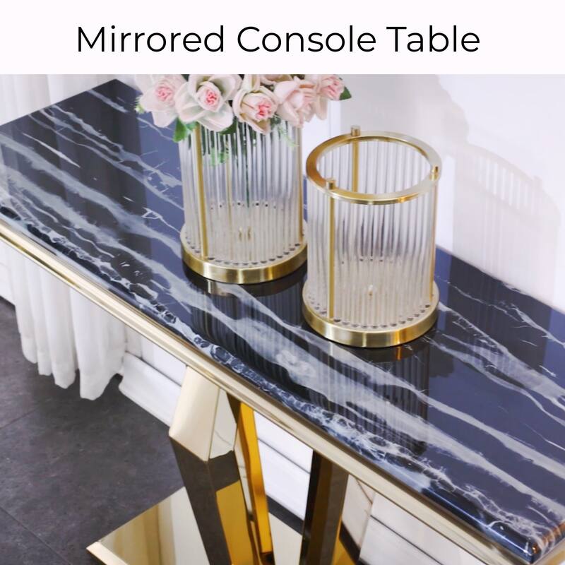 Luxury Rectangular Sofa Console Table Modern Living Room Entryway Table with Mirrored Gold Geometric Base