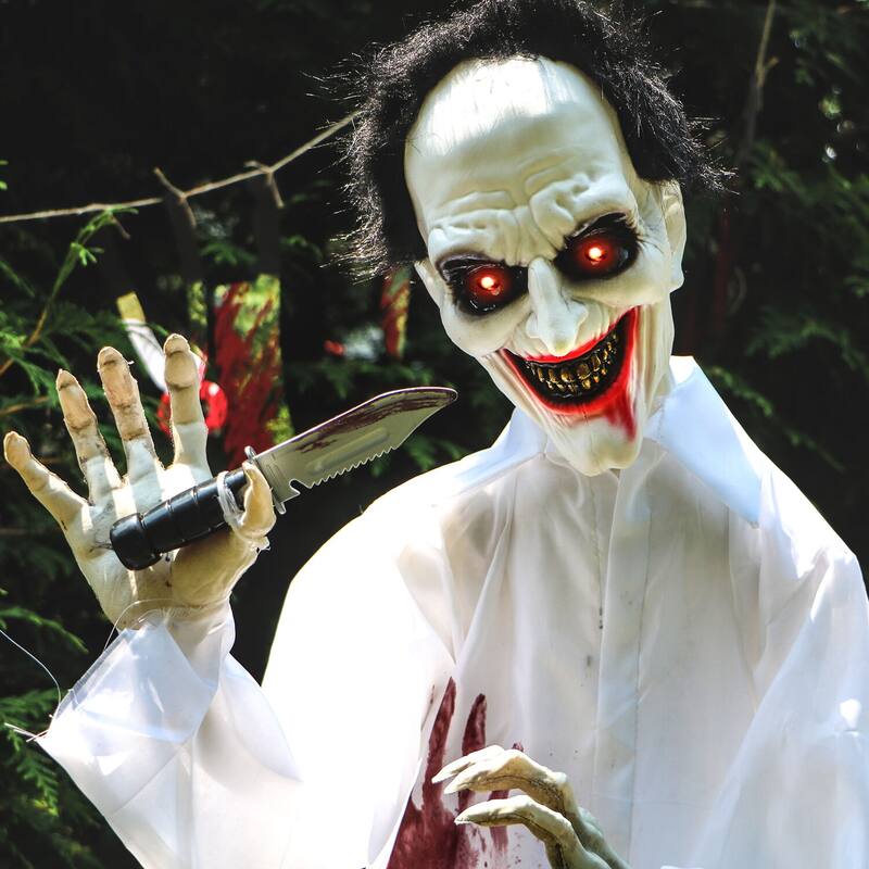 Haunted Hill Farm 5.75-Ft. Animatronic Doctor, Indoor/Covered Outdoor Halloween Decoration, Red LED Eyes, Laughing, Snips