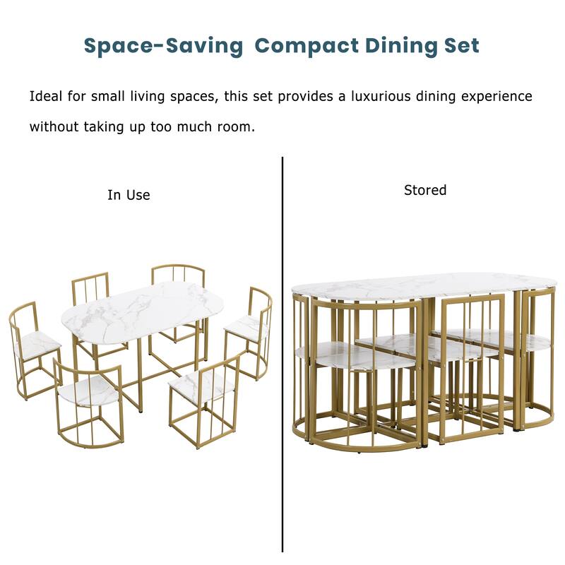 7-Piece Dining Table Set with Faux Marble and Wood Desktop Table and 6 Chairs with Iron Frame