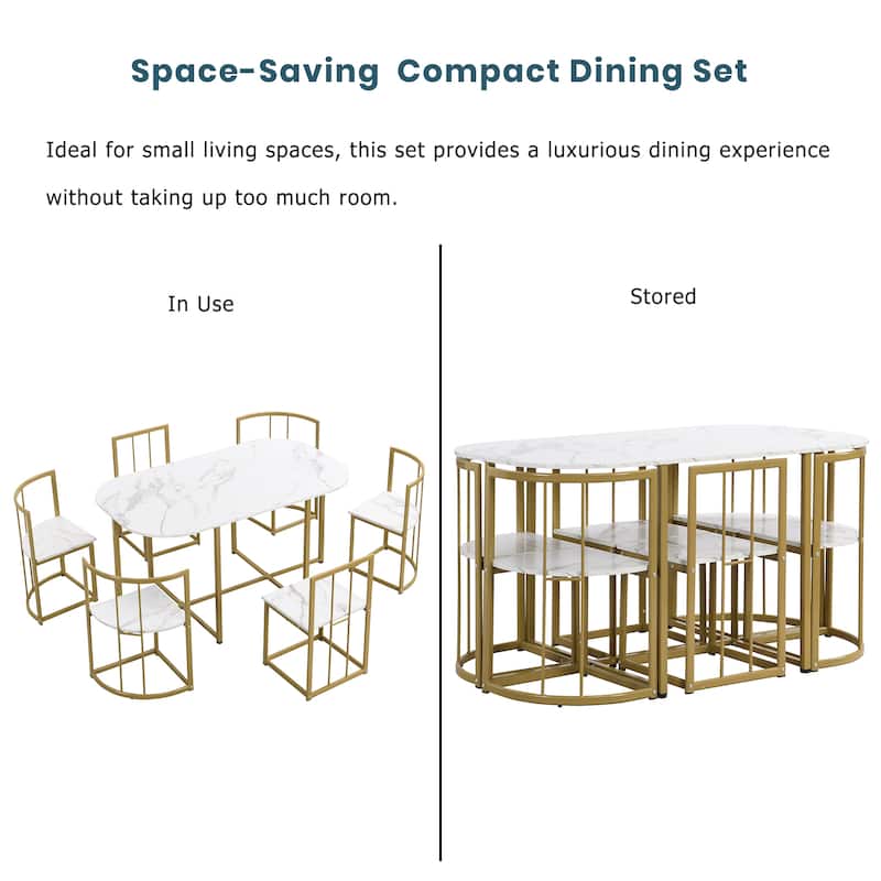 Roomfitters Modern 7-Piece Faux Marble Dining Table Set, Compact 55" Table for 6