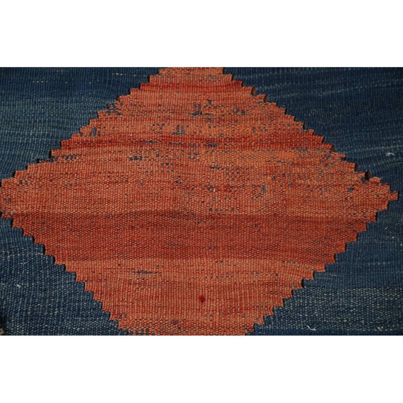 Blue Geometric Kilim Qashqai Persian Area Rug Flatweave Wool Carpet - 3'10" x 8'2"